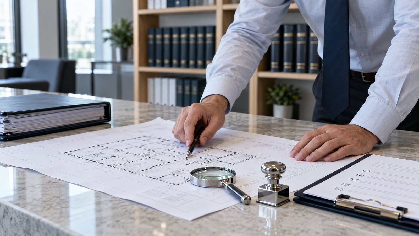 Análise de planta e documentos imobiliários em escritório de registro de imóveis