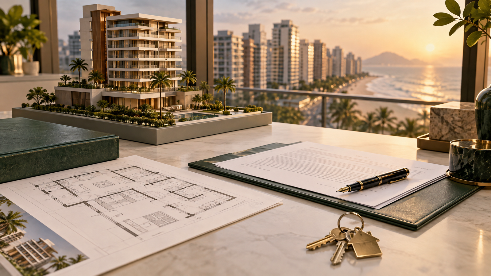 Maquete de empreendimento residencial, contrato e chaves para compra de imóvel