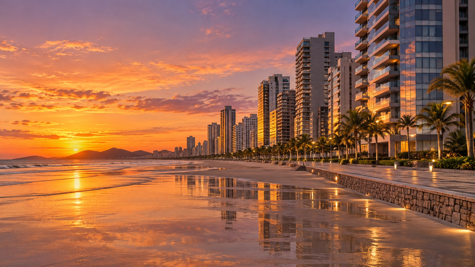 Vista da orla e dos prédios residenciais de Praia Grande ao entardecer